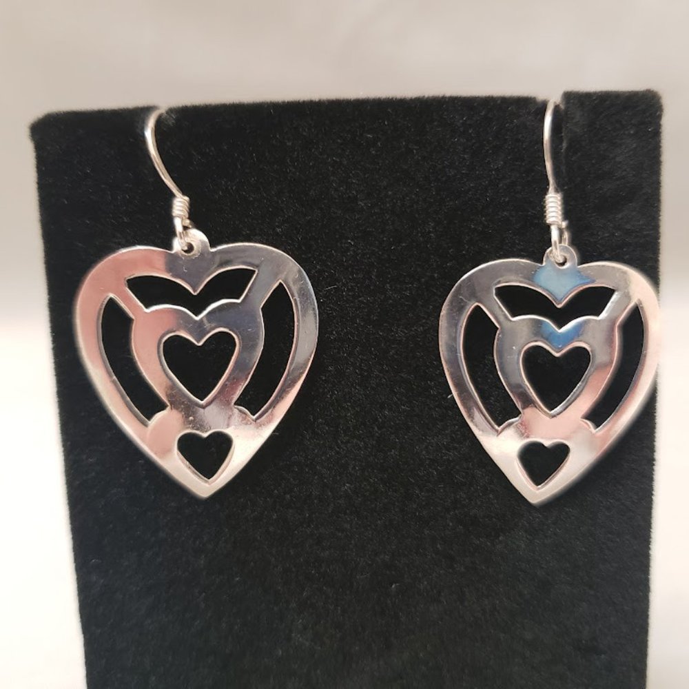 925 Silver Open Cut Out Heart Dangle Drop Pierced Earrings 1" French wire EUC